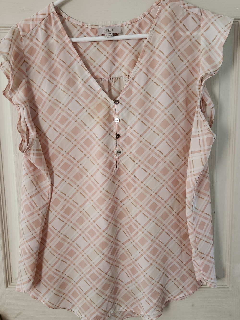 LOFT Peach Plaid Cap-Sleeve V-Neck Blouse